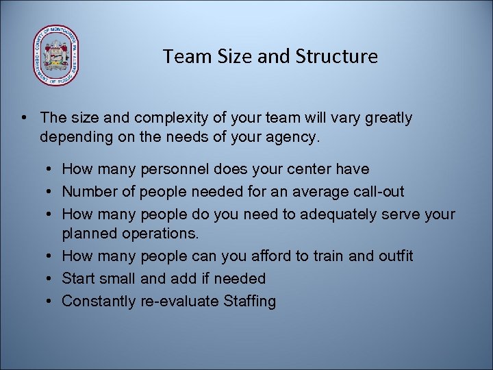 Team Size and Structure • The size and complexity of your team will vary