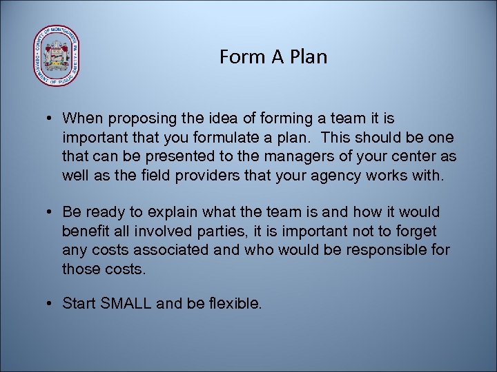 Form A Plan • When proposing the idea of forming a team it is