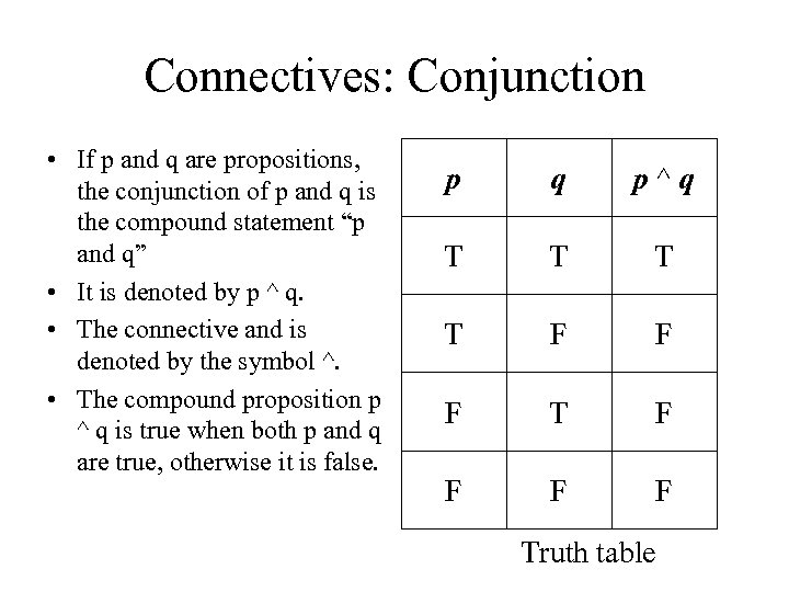 Connectives: Conjunction • If p and q are propositions, the conjunction of p and