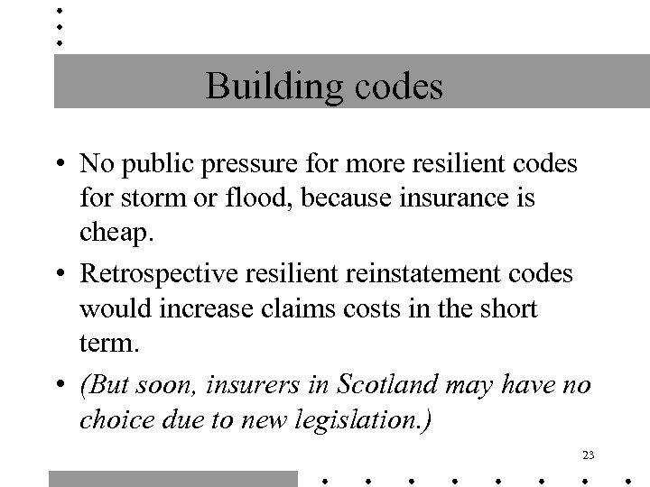 Building codes • No public pressure for more resilient codes for storm or flood,