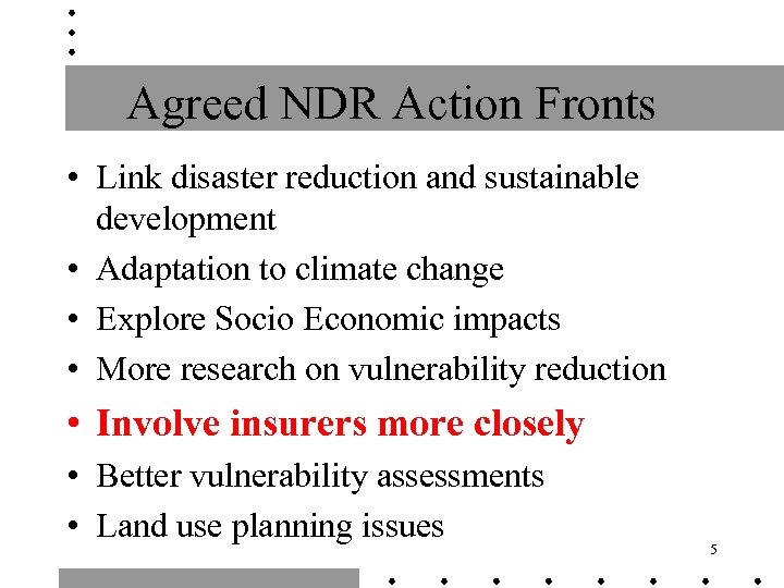 Agreed NDR Action Fronts • Link disaster reduction and sustainable development • Adaptation to