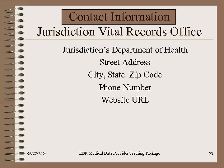 Contact Information Jurisdiction Vital Records Office Jurisdiction’s Department of Health Street Address City, State
