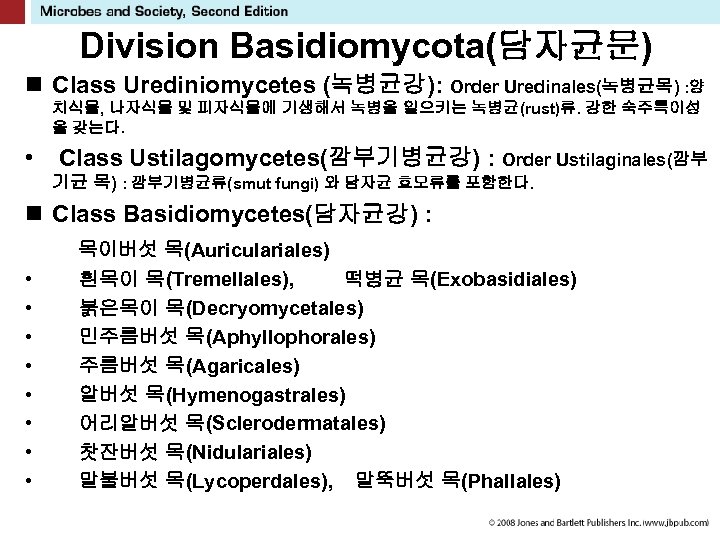 Division Basidiomycota(담자균문) n Class Urediniomycetes (녹병균강): Order Uredinales(녹병균목) : 양 치식물, 나자식물 및 피자식물에