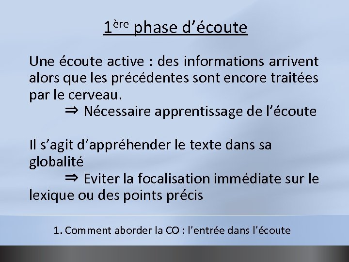 1ère phase d’écoute Une écoute active : des informations arrivent alors que les précédentes