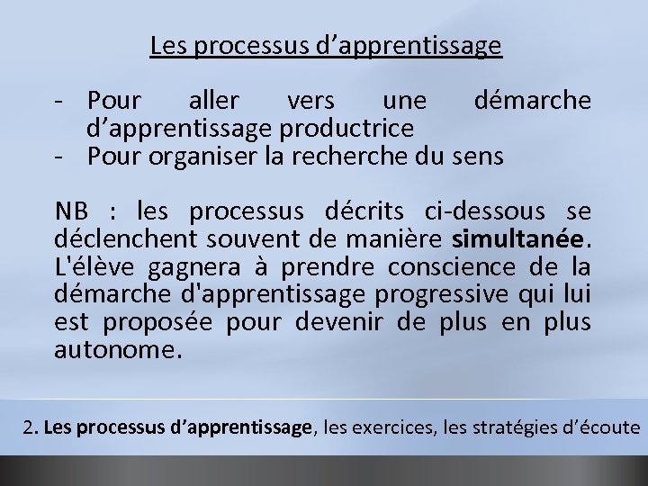 Les processus d’apprentissage - Pour aller vers une démarche d’apprentissage productrice - Pour organiser