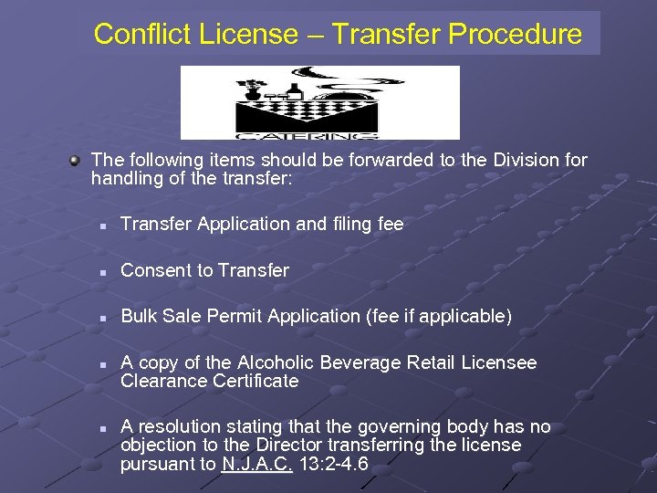 Conflict License – Transfer Procedure The following items should be forwarded to the Division