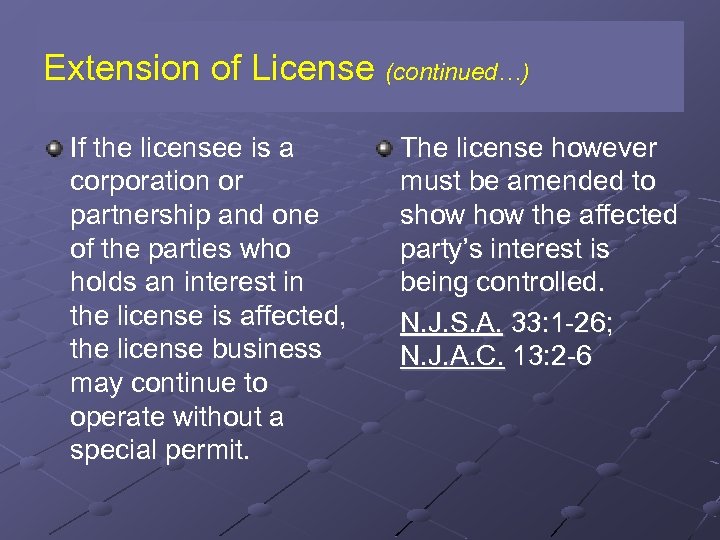 Extension of License (continued…) If the licensee is a corporation or partnership and one