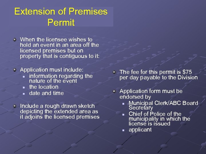 Extension of Premises Permit When the licensee wishes to hold an event in an