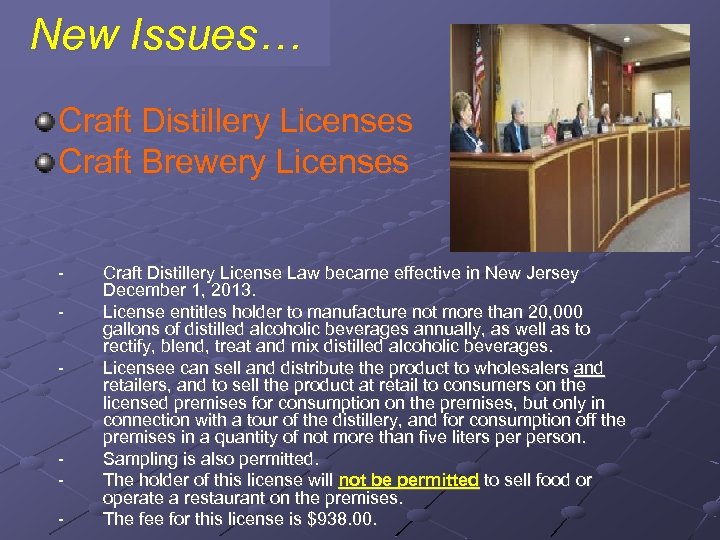 New Issues… Craft Distillery Licenses Craft Brewery Licenses - - Craft Distillery License Law