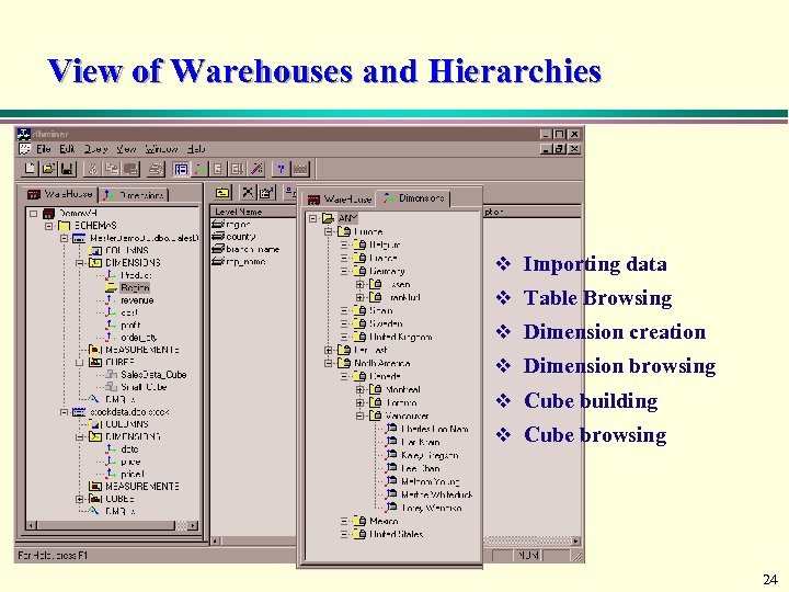 View of Warehouses and Hierarchies v Importing data v Table Browsing v Dimension creation