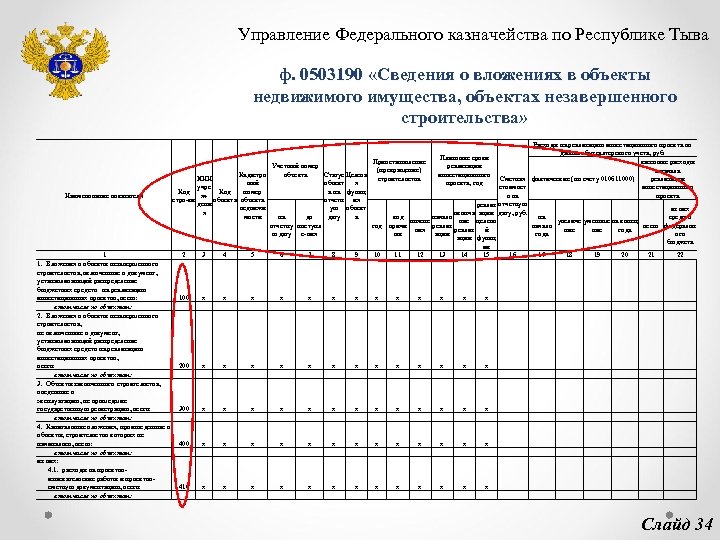 Управление Федерального казначейства по Республике Тыва ф. 0503190 «Сведения о вложениях в объекты недвижимого