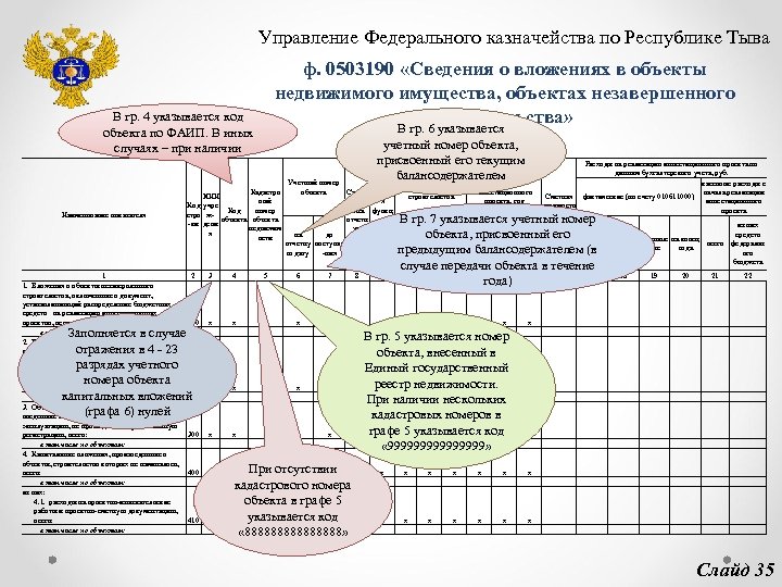 Управление Федерального казначейства по Республике Тыва ф. 0503190 «Сведения о вложениях в объекты недвижимого