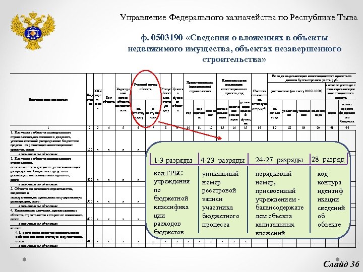 Управление Федерального казначейства по Республике Тыва ф. 0503190 «Сведения о вложениях в объекты недвижимого