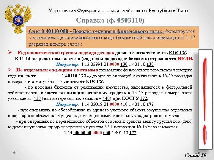 Управление Федерального казначейства по Республике Тыва Справка (ф. 0503110) Счет 0 40110 000 «Доходы