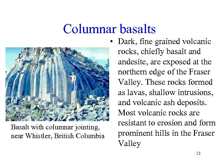 Columnar basalts • Dark, fine grained volcanic rocks, chiefly basalt andesite, are exposed at