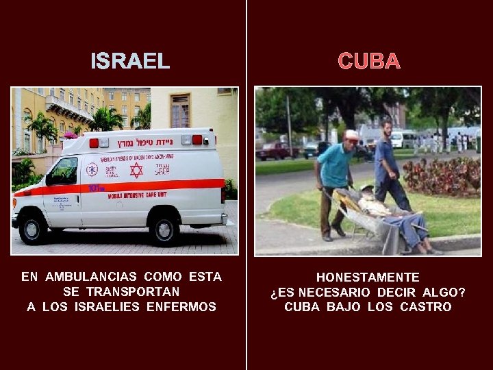 ISRAEL EN AMBULANCIAS COMO ESTA SE TRANSPORTAN A LOS ISRAELIES ENFERMOS CUBA HONESTAMENTE ¿ES