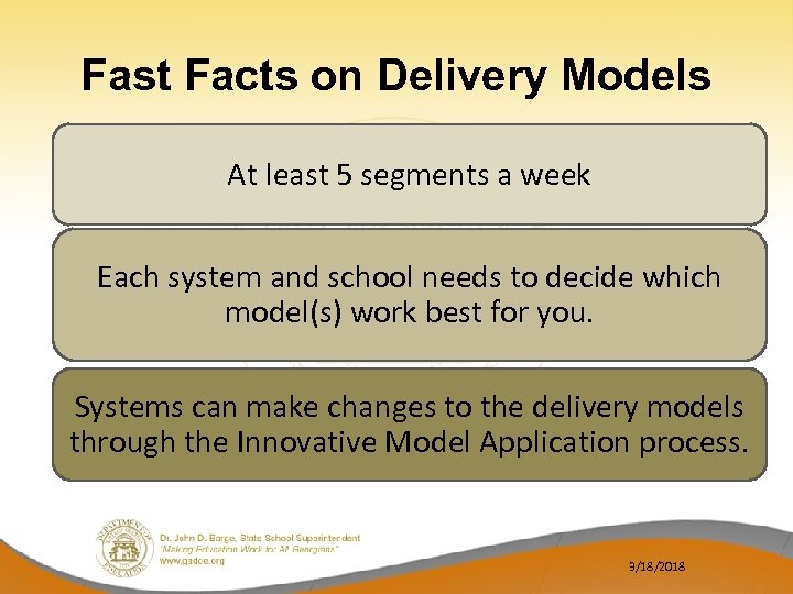 Fast Facts on Delivery Models At least 5 segments a week Each system and