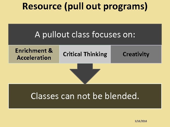 Resource (pull out programs) A pullout class focuses on: Enrichment & Acceleration Critical Thinking