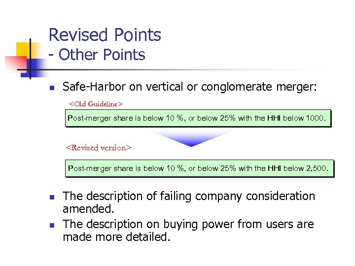 Revised Points - Other Points n Safe-Harbor on vertical or conglomerate merger: <Old Guideline>