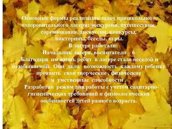 Основные формы реализации задач пришкольного оздоровительного лагеря: экскурсии, путешествия, соревнования, дискуссии, конкурсы, викторины, беседы,