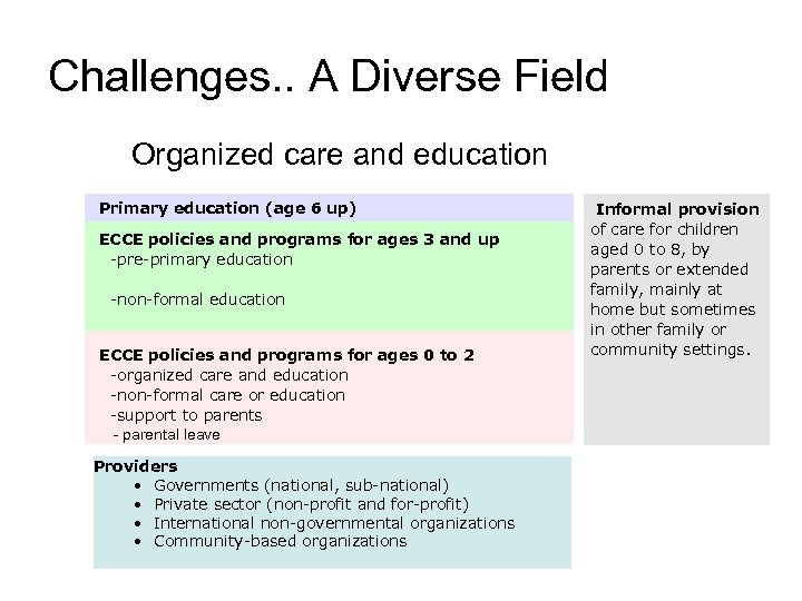 Challenges. . A Diverse Field Organized care and education Primary education (age 6 up)