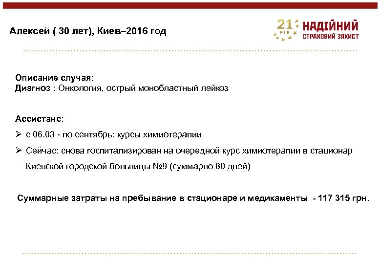 Алексей ( 30 лет), Киев– 2016 год Описание случая: Диагноз : Онкология, острый монобластный