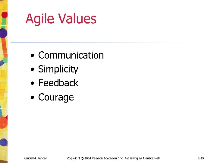 Agile Values • • Communication Simplicity Feedback Courage Kendall & Kendall Copyright © 2014