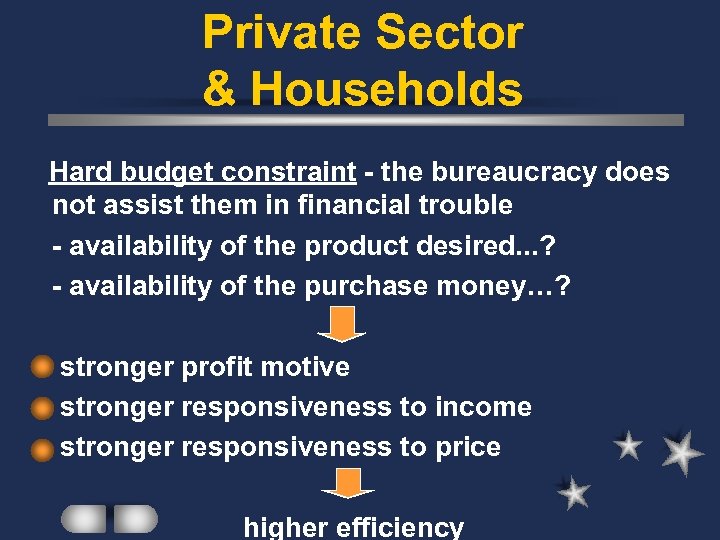 Private Sector & Households Hard budget constraint - the bureaucracy does not assist them
