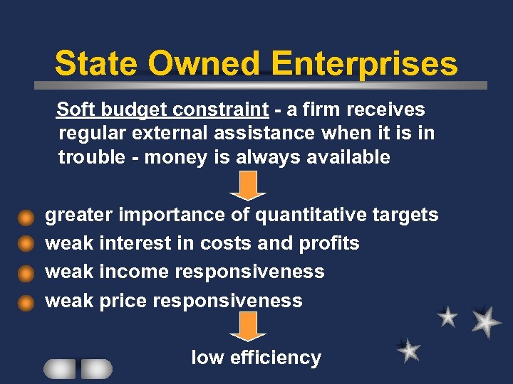 State Owned Enterprises Soft budget constraint - a firm receives regular external assistance when