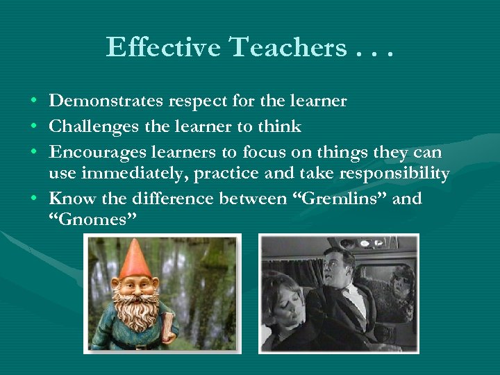 Effective Teachers. . . • Demonstrates respect for the learner • Challenges the learner