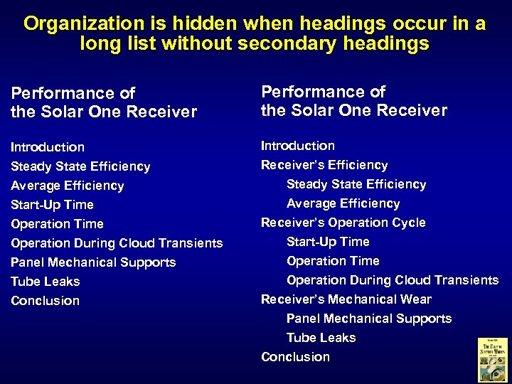 Organization is hidden when headings occur in a long list without secondary headings Performance