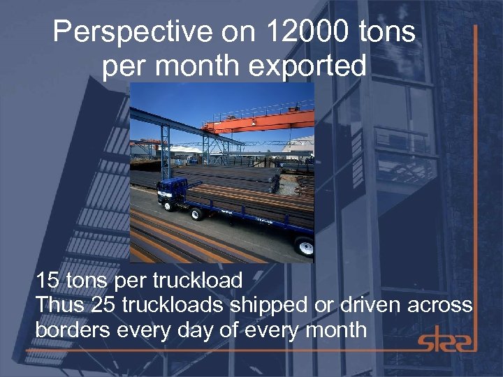 Perspective on 12000 tons per month exported 15 tons per truckload Thus 25 truckloads
