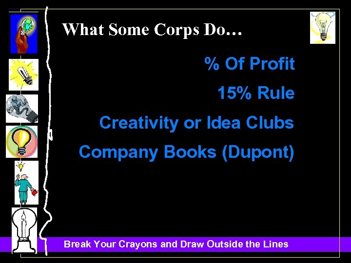 What Some Corps Do… % Of Profit 15% Rule Creativity or Idea Clubs Company