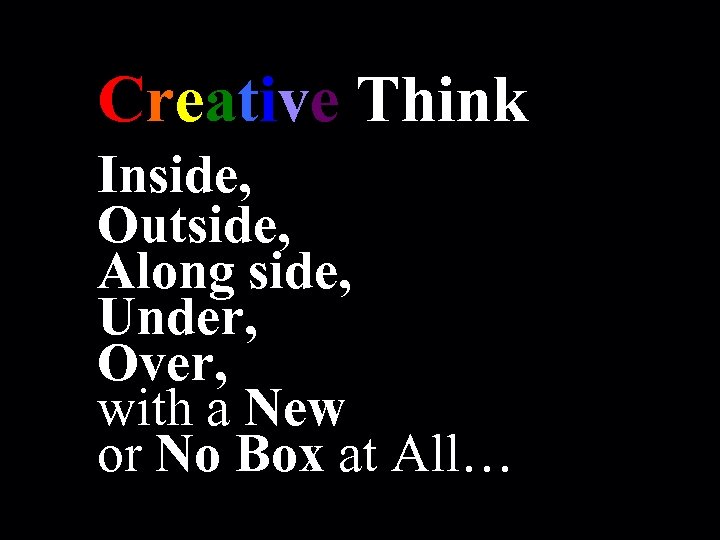 Creative Thinking Inside, Outside, Along side, Under, Over, with a New or No Box