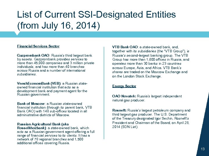 List of Current SSI-Designated Entities (from July 16, 2014) Financial Services Sector Gazprombank OAO: