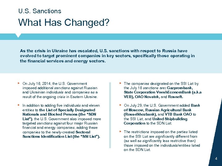U. S. Sanctions What Has Changed? As the crisis in Ukraine has escalated, U.