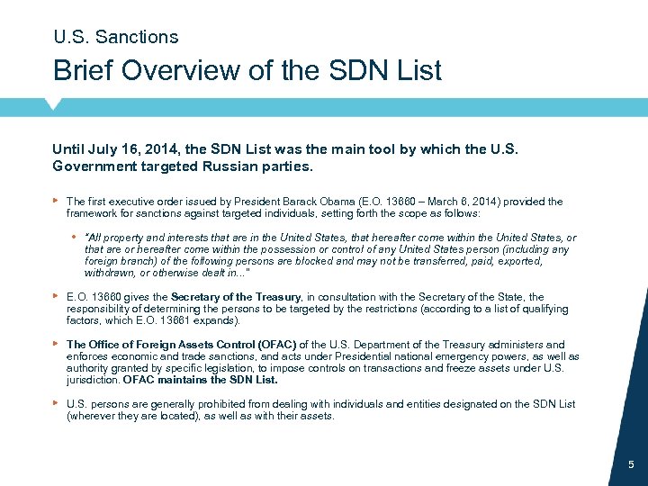 U. S. Sanctions Brief Overview of the SDN List Until July 16, 2014, the