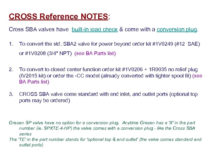 CROSS Reference NOTES: CROSS Reference NOTES Cross SBA valves have built-in load check &