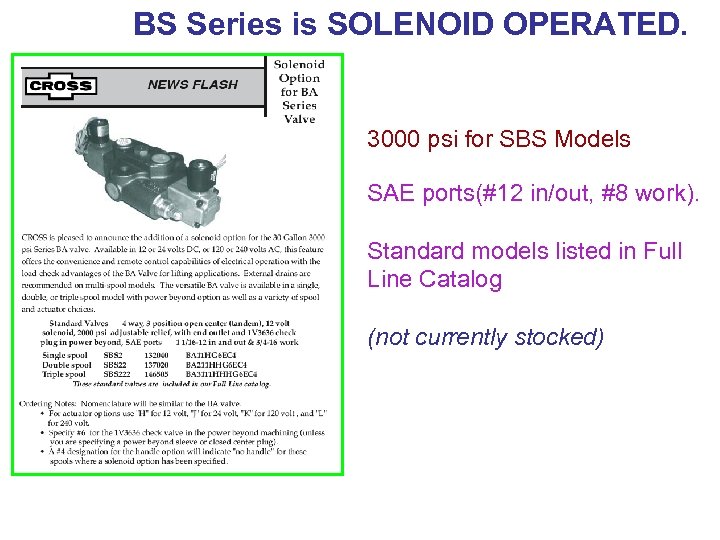 BS Series is SOLENOID OPERATED. 3000 psi for SBS Models B S SAE ports(#12