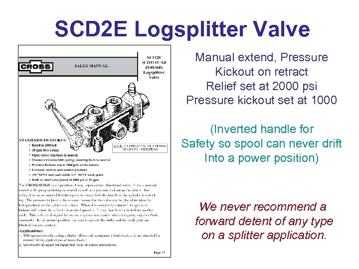 SCD 2 E Logsplitter Valve Manual extend, Pressure Kickout on retract Relief set at