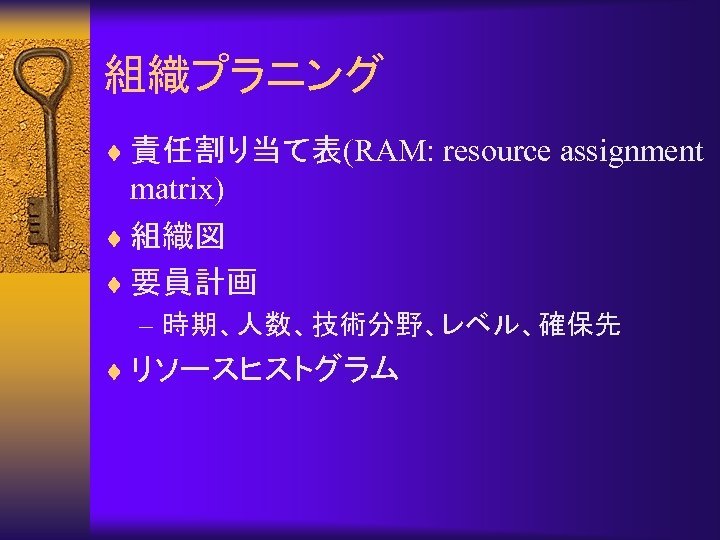 組織プラニング ¨ 責任割り当て表(RAM: resource assignment matrix) ¨ 組織図 ¨ 要員計画 – 時期、人数、技術分野、レベル、確保先 ¨ リソースヒストグラム