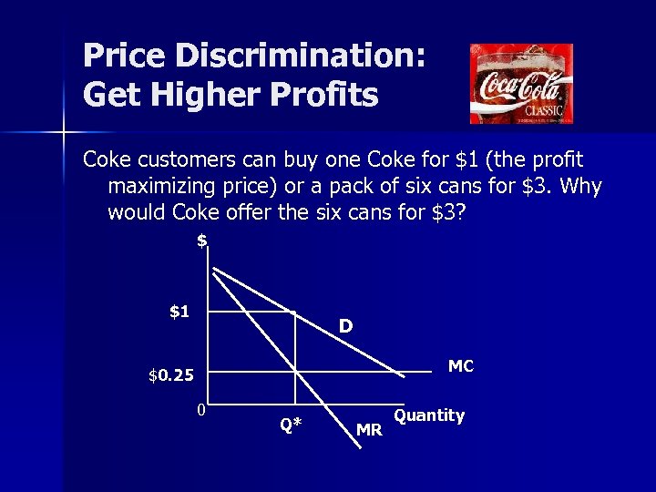 Price Discrimination: Get Higher Profits Coke customers can buy one Coke for $1 (the