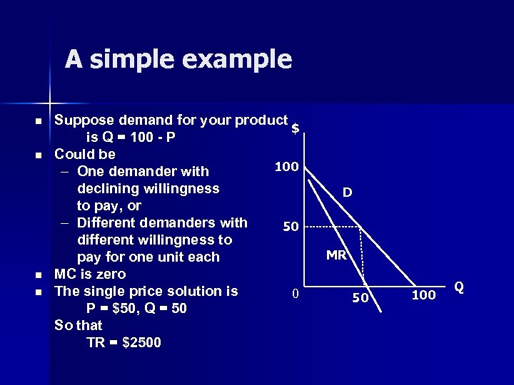 A simple example n n Suppose demand for your product $ is Q =