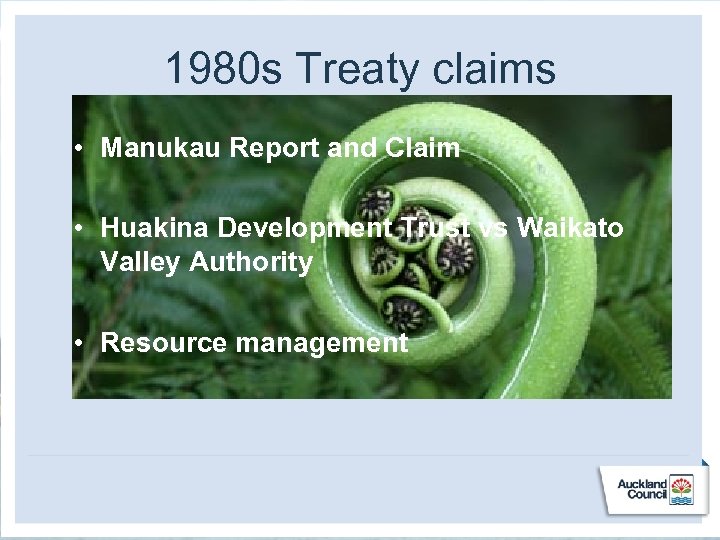 1980 s Treaty claims • Manukau Report and Claim • Huakina Development Trust vs