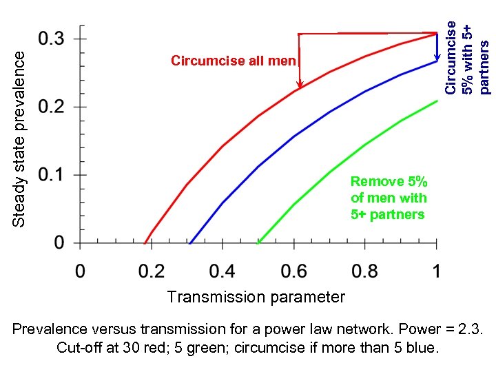 Circumcise 5% with 5+ partners Steady state prevalence Circumcise all men Remove 5% of