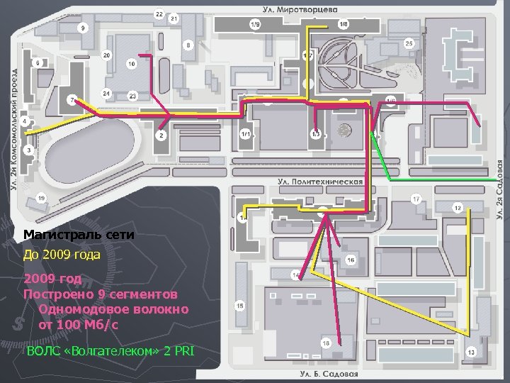 Магистраль сети До 2009 года 2009 год Построено 9 сегментов Одномодовое волокно от 100