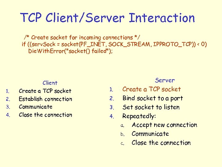 TCP Client/Server Interaction /* Create socket for incoming connections */ if ((serv. Sock =