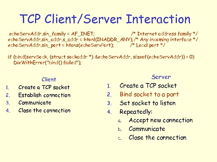 TCP Client/Server Interaction echo. Serv. Addr. sin_family = AF_INET; /* Internet address family */