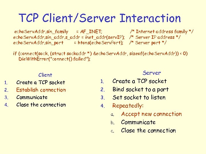 TCP Client/Server Interaction echo. Serv. Addr. sin_family = AF_INET; /* Internet address family */