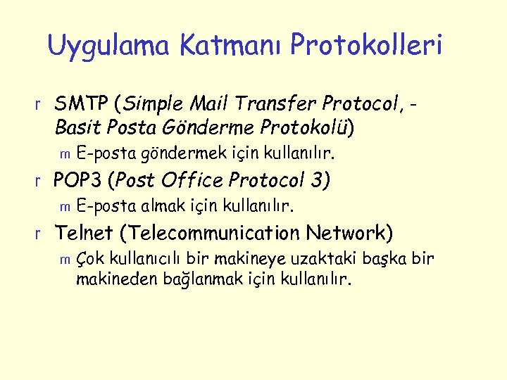 Uygulama Katmanı Protokolleri r SMTP (Simple Mail Transfer Protocol, - Basit Posta Gönderme Protokolü)